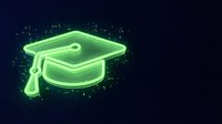 Neon glowing graduation cap with tassel on dark background, isolated design element for education, learning, and academic achievement concepts.