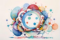 Vibrant watercolor circles overlap in dynamic composition with splashes and splatters creating abstract fluid art in blue, coral, and turquoise tones on white paper.