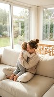 Young mother embracing toddler son on beige sofa in bright living room with large windows showing garden view for family lifestyle content.