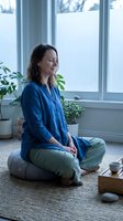Peaceful woman meditating in lotus position at home with plants and natural light streaming through window creating serene wellness atmosphere.