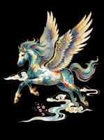 Ornate winged horse with gold and blue decorative patterns, isolated on transparent background. Ready for t-shirt design, clipart, stickers, sublimation, and print-on-demand products.