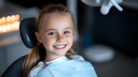 Young patient with bright smile sitting in dental chair during checkup appointment, showing healthy teeth. Professional pediatric dentistry concept.