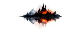 Dramatic forest silhouette shaped like sound wave with fiery sunset glow and mountain backdrop reflected in calm water on white background.