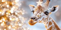 Gentle giraffe portrait with magical golden bokeh lights and sparkles in background, close up view of face showing detailed spots and long eyelashes against dreamy atmosphere.