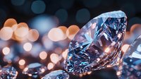 Sparkling diamond with brilliant cut on blurred bokeh background in blue and orange tones, luxury jewelry concept for engagement and wedding.