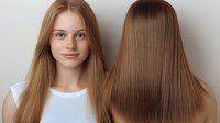Young woman with healthy straight brown hair shown from front and back views against light background, demonstrating hair care and beauty results.