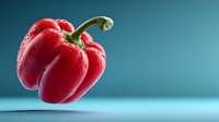 Fresh red bell pepper with water droplets on vibrant blue gradient background for healthy cooking and nutrition concepts.