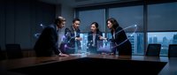 Business team analyzing holographic data visualization in modern office conference room with city skyline view for corporate strategy meetings.