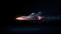 Futuristic military jet aircraft dissolving into glowing particles with red laser beam against dark background, digital art style composition for sci-fi concepts.