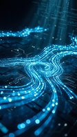 Abstract blue digital data streams flowing in spiral patterns with glowing particles and light effects for technology and futuristic design concepts.