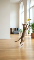 Playful brown tabby cat jumping to catch yellow toy bird in bright modern living room with wooden floor and potted plants.