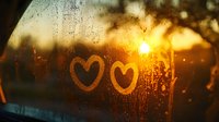 Two hearts drawn on misty window glass with sunset glow and water drops creating romantic atmosphere, golden hour light shining through condensation.