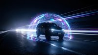 Digital globe hologram surrounding black SUV vehicle on wet asphalt road with glowing light trails, representing global connectivity, technology, and modern transportation for automotive and digital innovation concepts.