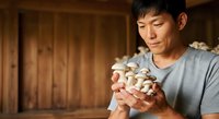 Asian male farmer holding fresh mushrooms in wooden barn setting, showcasing organic produce harvest for agricultural and food industry use.