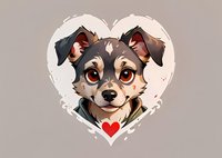 Adorable cartoon puppy portrait in heart frame with red heart accent, featuring brown and black mixed breed dog with expressive eyes and friendly smile.