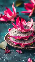 Sliced dragon fruit arranged in artistic layers on rustic plate against dark teal background, showing vibrant pink skin and white flesh with black seeds. Fresh tropical food styling.