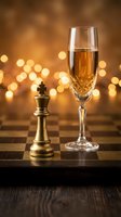 Golden chess king piece beside a crystal champagne flute on a chessboard with warm bokeh lights, evoking luxury, victory, and celebration.