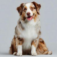 Happy Australian Shepherd dog with red merle coat and white markings sitting against gray background, tongue out in friendly expression.