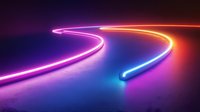 Glowing neon light trails curve into distance on dark background, creating futuristic path with purple, blue and orange colors reflecting on surface.