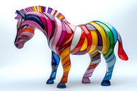 Colorful striped horse sculpture featuring vibrant rainbow hues in modern artistic design, standing against white background, showcasing contemporary decorative style.