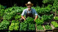 Senior African American male farmer smiling while tending to organic lettuce beds in raised garden boxes, wearing straw hat, overalls and showing fresh produce.
