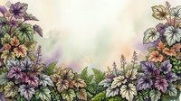 Watercolor garden border featuring purple and golden flowers with green foliage on soft blurred background, suitable for stationery and floral design projects.