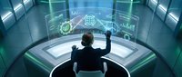 Businessman analyzing global financial data on futuristic holographic displays in modern control room for business intelligence and analytics.