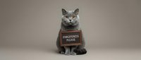 Gray British Shorthair cat sitting with forgiveness please sign around neck on neutral background for apology and pet humor concepts.