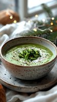Creamy broccoli soup in rustic ceramic bowl with fresh broccoli garnish, served against cozy winter holiday setting with bokeh lights.
