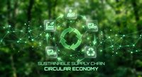 Green sustainable supply chain network with recycling symbols and circular economy icons connected by glowing digital lines over forest background.