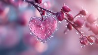 Pink heart-shaped water droplet on cherry blossom branch with morning dew, romantic nature macro photography in soft pastel tones with bokeh effect.