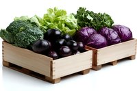 Fresh organic vegetables in wooden crates including purple cabbage, broccoli, lettuce and plums arranged on white background, isolated for food and market design.