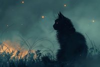 Black cat silhouette against mystical twilight sky with glowing fireflies and wild grass, creating atmospheric moody nature scene in dark teal and orange tones.