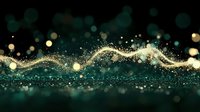 Abstract golden wave flowing through dark teal space with sparkling particles and bokeh lights creating magical energy motion background.