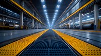 Modern industrial warehouse interior with yellow safety lines and textured floor leading to vanishing point. Blue LED lighting creates dramatic perspective in empty facility.