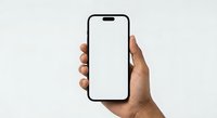 Hand holding modern smartphone with blank white screen isolated on light background for app presentation and mobile mockup design.