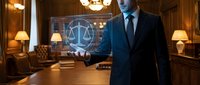 Professional businessman in dark suit presenting holographic justice scales symbol in elegant law office with warm lighting and leather furniture.