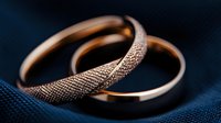 Golden wedding rings with textured and smooth surfaces on dark blue fabric background, luxury jewelry macro photography for marriage ceremony.