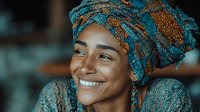 Young African woman wearing traditional colorful headwrap smiling joyfully with bright white teeth in warm indoor lighting showcasing cultural fashion and happiness.