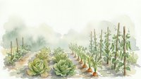 Watercolor vegetable garden with fresh lettuce, carrots, tomato plants and herbs growing in organic rows for healthy farm-to-table cooking and gardening.