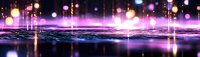 Vibrant purple and pink light reflections on dark water surface with glowing bokeh effects and vertical light beams creating magical atmospheric scene.