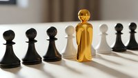 Golden figure standing out among black and white chess pawns on board representing leadership, uniqueness, and strategic thinking in business concepts.