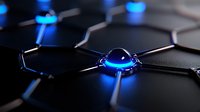 Glowing blue LED nodes connected by metallic lines on black hexagonal surface create futuristic network pattern, suggesting technological advancement and connectivity.