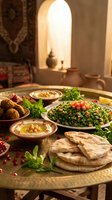 Traditional Middle Eastern feast with tabbouleh, hummus, falafel and flatbread on ornate tray in authentic setting for cultural dining and restaurant menus.