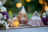 Crystal pyramid formations with glowing warm light and purple flowers against bokeh background, creating mystical healing atmosphere for wellness and meditation space.
