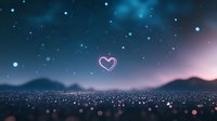 Glowing heart shape floats in starry night sky over mountain silhouettes and sparkling city lights, creating romantic dreamy atmosphere in pink and blue tones.