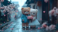 Romantic teddy bear couple with pink flowers under cherry blossom, bride in white dress and groom in blue suit standing on cobblestone path in dreamy atmosphere.