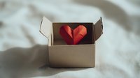 Red paper heart emerging from open cardboard box on white fabric background symbolizing love delivery and romantic surprise gifts.