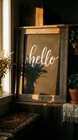 Rustic wooden framed chalkboard with hello calligraphy script in warm sunlit cozy interior with plants and flowers for home decor.