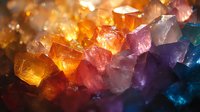 Colorful crystal formation with orange, pink, purple and blue minerals illuminated from within, showing natural geometric shapes and light refraction patterns.